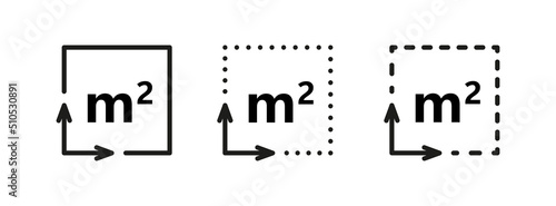 Square Meter icon. M2 sign. Flat area in square metres . Measuring land area icon. Place dimension pictogram. Vector outline illustration isolated on white background. photo