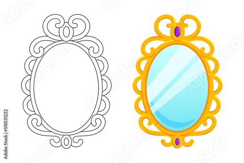 Magic mirror in cartoon style, vector illustration. Oval gold frame for game design. Fairy vintage mirror wich purple diamond. Isolated element on a white background, graphic template for design