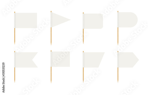 Toothpick flags. Blank flag on wooden stick. Wood toothpick with white paper banner for food and cocktail decoration. Different forms of pennant. Realistic 3d vector isolated on white background.