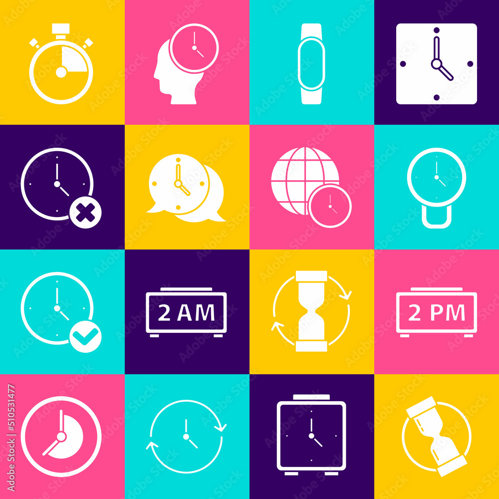 Set Old hourglass, Digital alarm clock, Clock, Smartwatch, speech bubble, delete, Stopwatch and World time icon. Vector Set Old hourglass, Digital alarm clock, Clock, Smartwatch, speech bubble, delete, Stopwatch and World time icon. Vector
