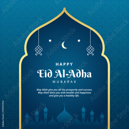 Happy Eid Al-Adha Mubarak Greeting Card With Mosque Vector Illustration