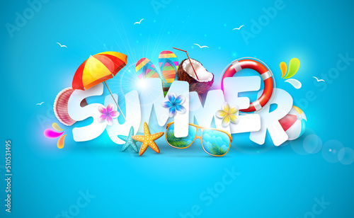 Summer Holiday Banner Design with 3d Lettering and Colorful Beach Elements on Ocean Blue Background. Flower, Tropical Plants and Sunshine for Flyer, Invitation, Brochure, Poster or Greeting Card.