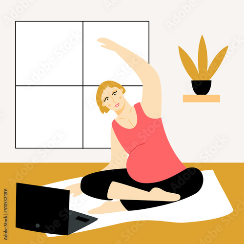 Online pregnant yoga studio. Future mother doing aerobic exercises in front of the laptop. Woman expecting a baby practicing yoga. Vector flat illustration
