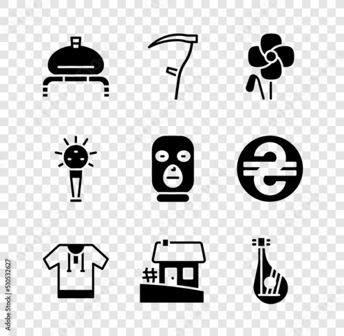 Set Bread and salt, Scythe, Poppy flower, Embroidered shirt, Ukrainian house, Bandura, Mace and Thief mask icon. Vector