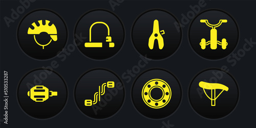 Set Bicycle pedal, for kids, pedals, ball bearing, seat, lock, and helmet icon. Vector