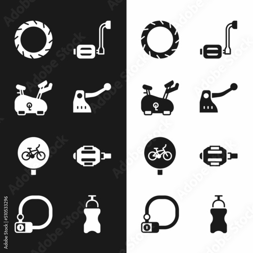 Set Bicycle brake, Stationary bicycle, wheel tire, pedal, Sport bottle with water and lock icon. Vector