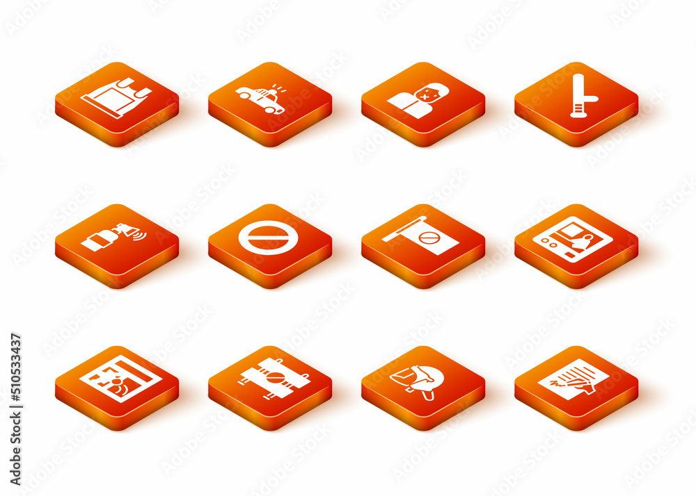 Set Broken window, Road barrier, Air horn, Ban, Police helmet, Protest, Petition and Television report icon. Vector Set Broken window, Road barrier, Air horn, Ban, Police helmet, Protest, Petition and Television report icon. Vector
