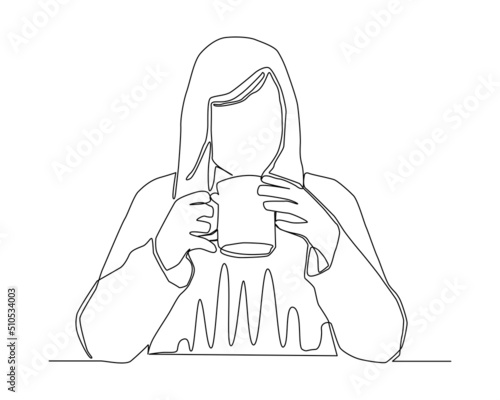 Continuous line of woman in sweater using 2 hands holding hot coffee vector. prepare for drinking.