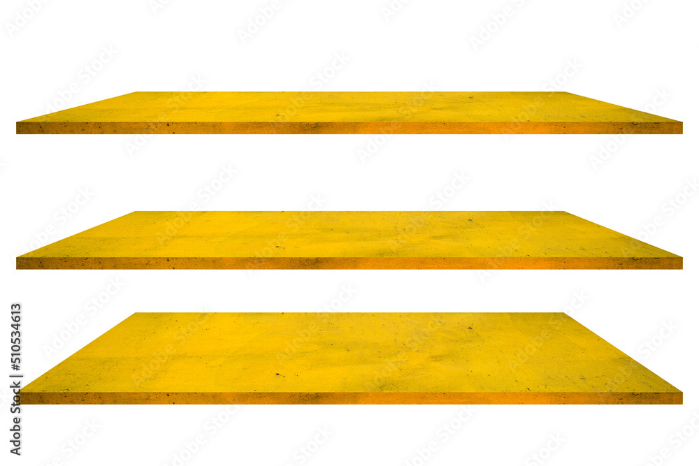 Set of golden metal or iron shelves isolated on the background of the wall Set of golden metal or iron shelves isolated on the background of the wall