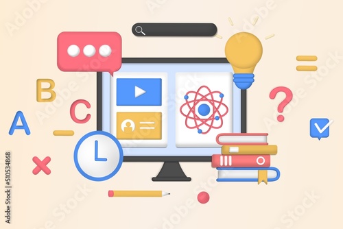 Modern 3D Online Education for banner website. Page template vector illustration of e-learning, internet course, application learning, university studies, classroom, tutorial, library on computer.