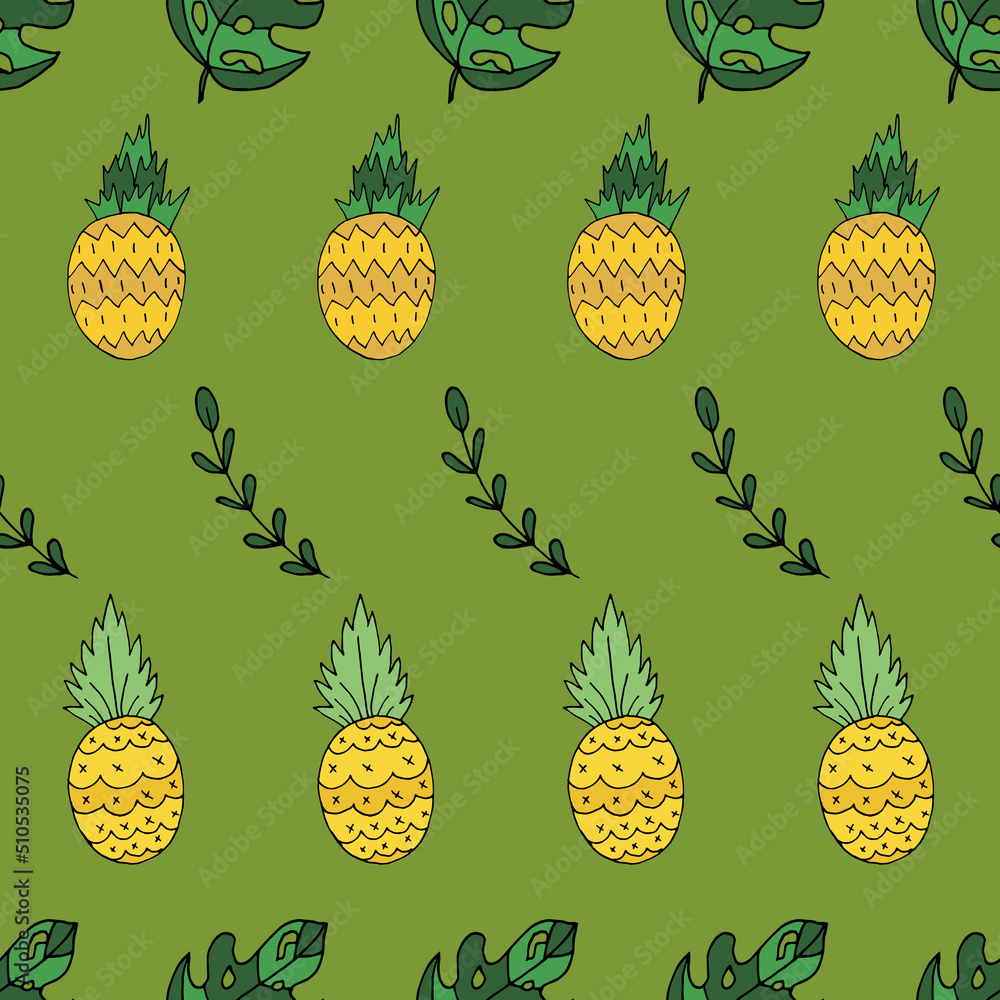Tropical pineapples and leaves vector seamless pattern on green Tropical pineapples and leaves vector seamless pattern on green