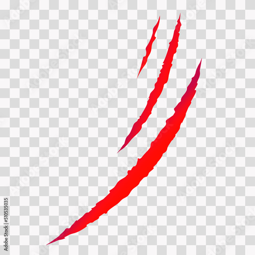 Cat scratches. Animal claws marks in red. Monster or dinosaur attack slash stripes on transparent background. Vector illustration