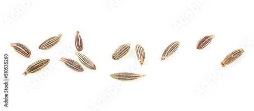 Organic cumin seeds isolated on a white background, macro image. Caraway seeds.