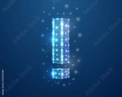 Exclamation mark 3d symbol in blue low poly style. Alert, problem design concept illustration. Attention polygonal wireframe.