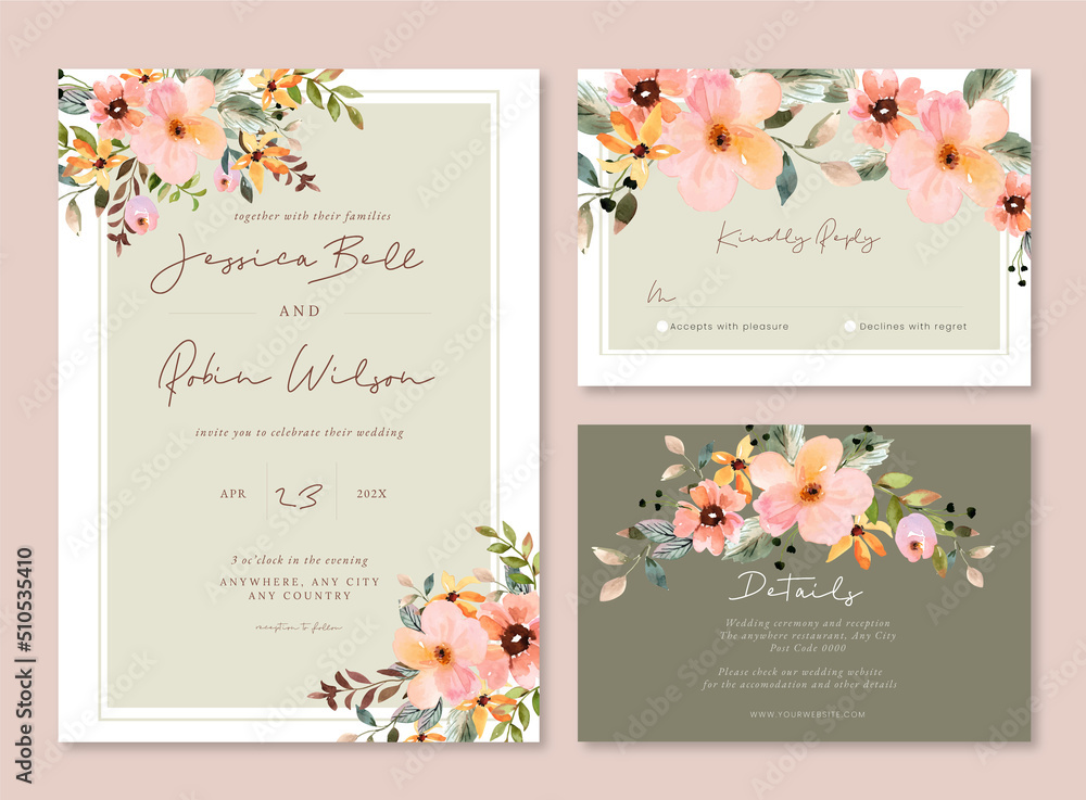 Peachy Watercolor Floral wedding Invitation - obrazy, fototapety, plakaty 