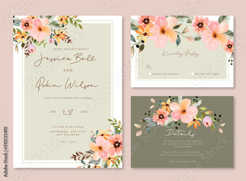 Peachy Watercolor Floral wedding Invitation