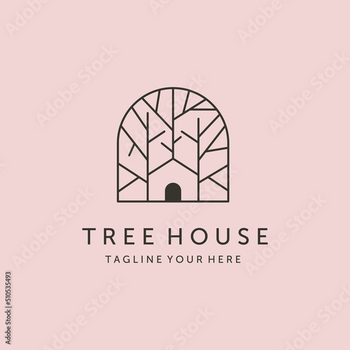 simple tree house line art logo vector symbol illustration design