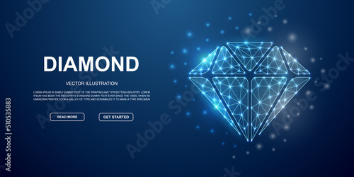 Diamond 3d low poly symbol with connected dots for blue landing page. Brilliant, luxury design illustration concept. Polygonal Jewelry illustration photo