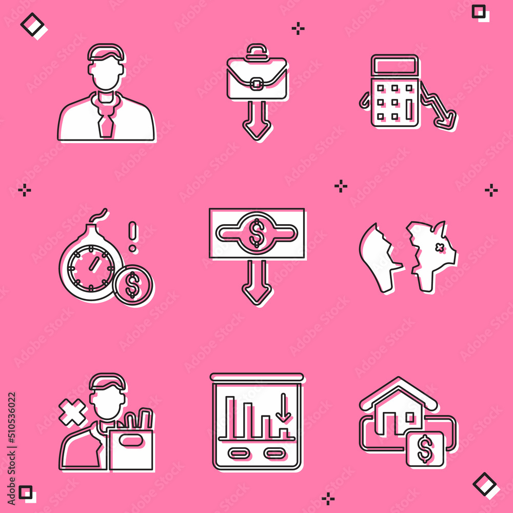 Set Worker, Briefcase, Calculation of expenses, Money bomb dollar crisis, Dollar rate decrease, Broken piggy bank, Employee dismissal and Pie chart infographic icon. Vector Set Worker, Briefcase, Calculation of expenses, Money bomb dollar crisis, Dollar rate decrease, Broken piggy bank, Employee dismissal and Pie chart infographic icon. Vector