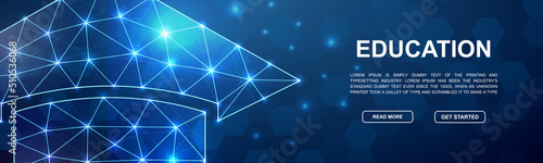 Graduation cap 3d low poly symbol for head promotion banner. Learning design illustration concept. Horizontal polygonal Education poster illustration