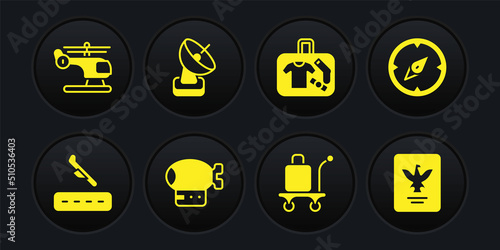 Set Plane landing, Compass, Airship, Trolley baggage, Suitcase, Radar, Passport and Helicopter icon. Vector