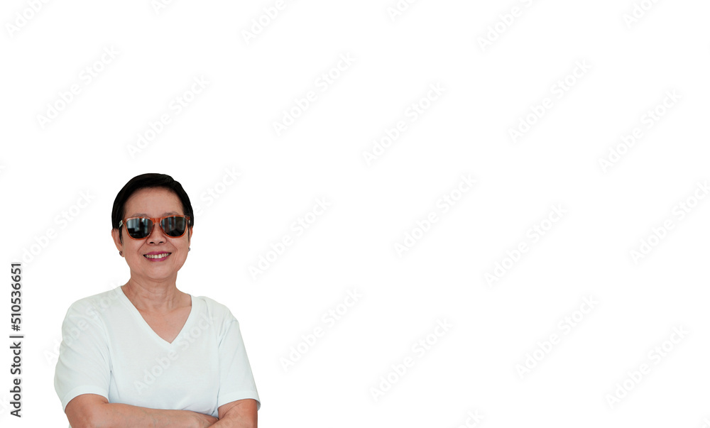 Asian senior elderly couple happy smile expression with sunglasses copy space isolated Asian senior elderly couple happy smile expression with sunglasses copy space isolated