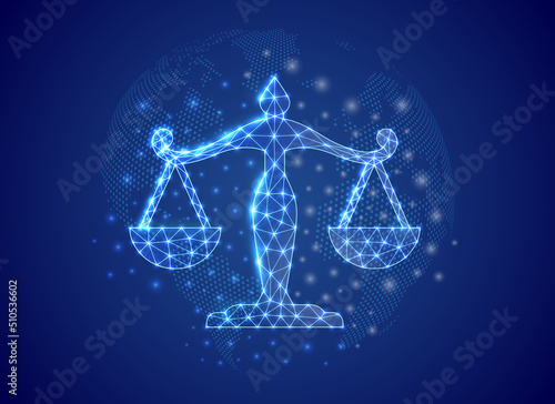 Scales 3d low poly symbol with blue world map background. Justice concept design vector illustration. Law polygonal symbol with connected dots