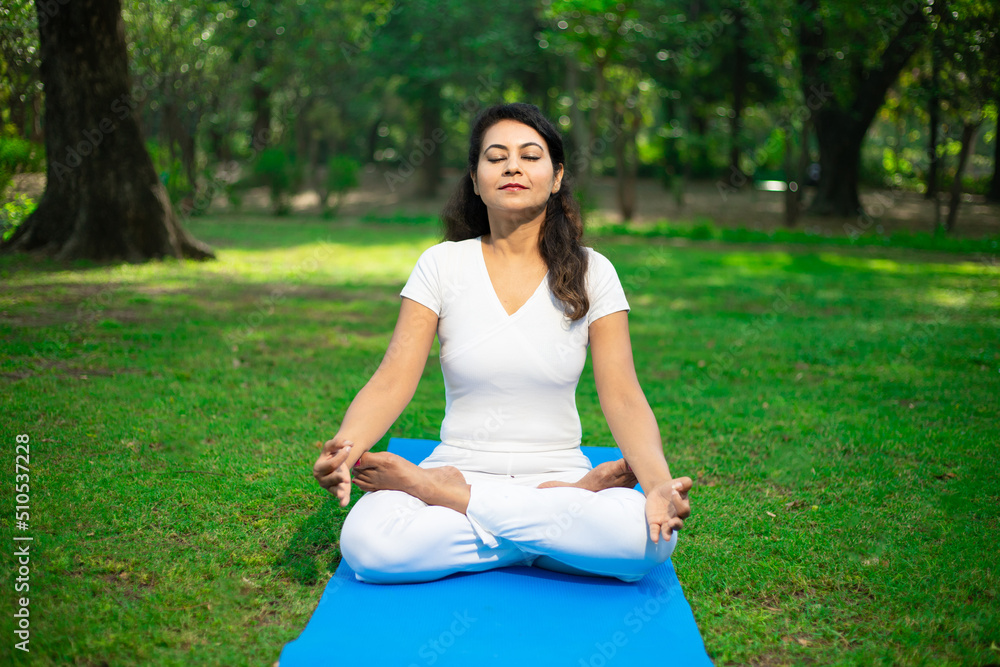 Young indian woman do yoga meditating exercise at summer park, Mental health and Wellness concept.. copy space Young indian woman do yoga meditating exercise at summer park, Mental health and Wellness concept.. copy space