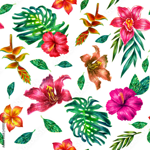 Watercolor pattern of tropical leaves and colorful flowers