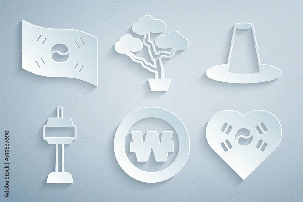Set South Korean won coin, hat, N Seoul tower, Love with heart, Bonsai tree and flag icon. Vector Set South Korean won coin, hat, N Seoul tower, Love with heart, Bonsai tree and flag icon. Vector