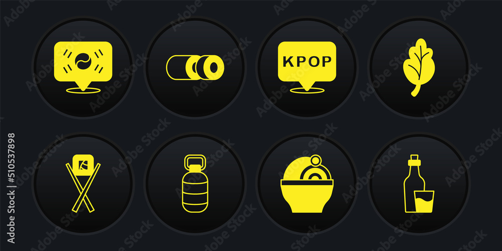 Set Sushi with chopsticks, Kimchi, Korean lantern, Ramen, K-pop, Soju bottle and Location South icon. Vector Set Sushi with chopsticks, Kimchi, Korean lantern, Ramen, K-pop, Soju bottle and Location South icon. Vector
