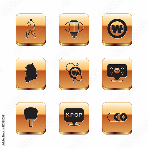 Set Ginseng root, Korean hand fan, K-pop, South won coin, map, Sushi and lantern icon. Vector
