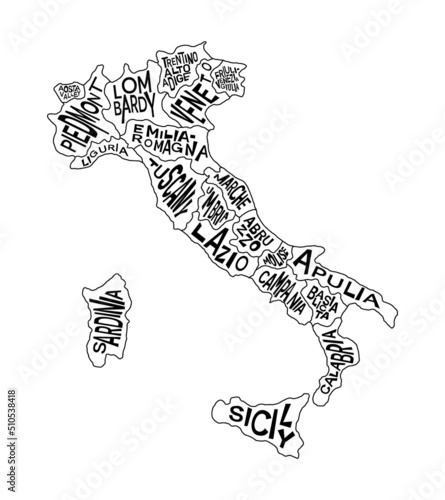 Italian political map with administrative province names - Campania, Emilia-Romagna, Friuli-Venezia Giulia, Lazio and more. Map of Italy infographic photo