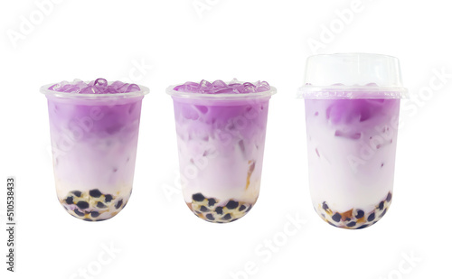 Taiwan bubble milk tea on white background with purple potato syrup photo