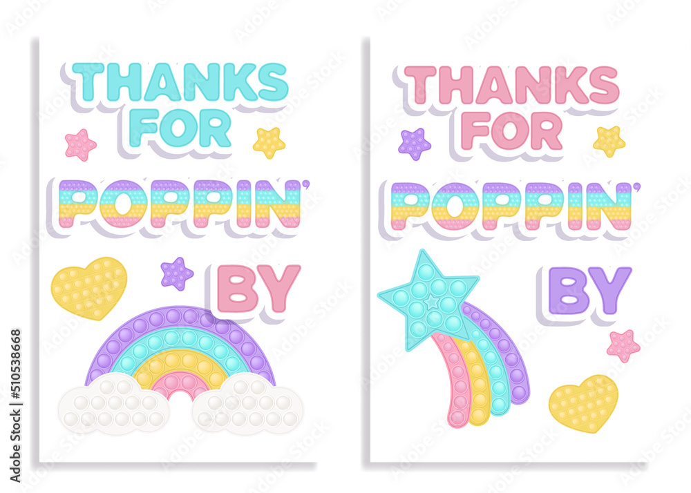 Set of two Birthday favor tags popi it fidget toy vector design with illustrations and text. Happy Birthday gift printable cards or labels in pastel popit style. Star design as a trendy silicone toy.