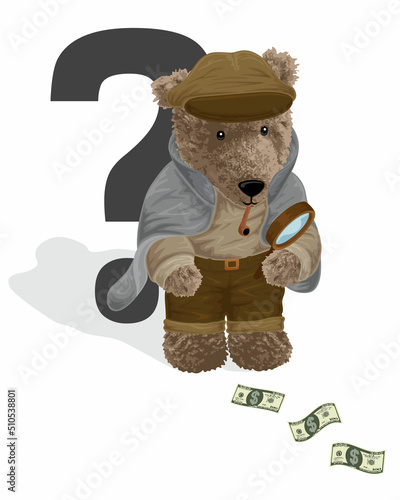 vector illustration of bear doll holding magnifying glass with money scattered on the ground