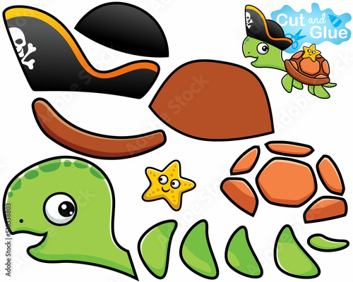 Cartoon of turtle wearing pirate hat with starfish on its back. Cutout and gluing