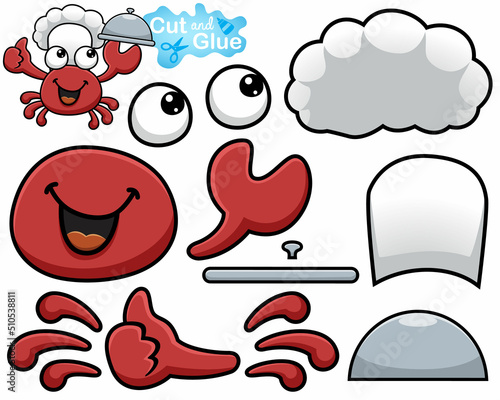 Vector illustration of cartoon crab wearing chef hat with platter. Cutout and gluing