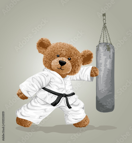 vector illustration of bear doll wearing karate costume while hit punching bag
