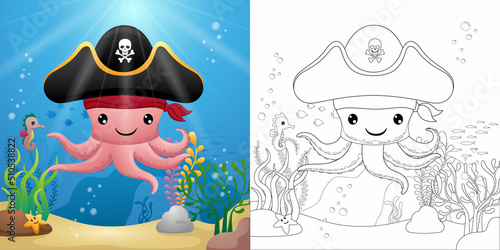 Funny octopus cartoon wearing pirate hat with seahorse and starfish underwater