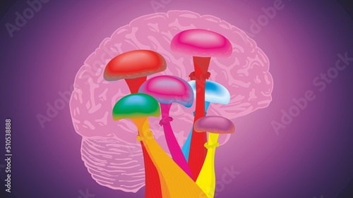 Colorful psychedelic, magic mushrooms. Dimension 16:9. Vector illustration.