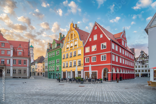 Colorful buildings on Market square (Marktplatz) in sunrise in Memmingen, Bavaria, Germany