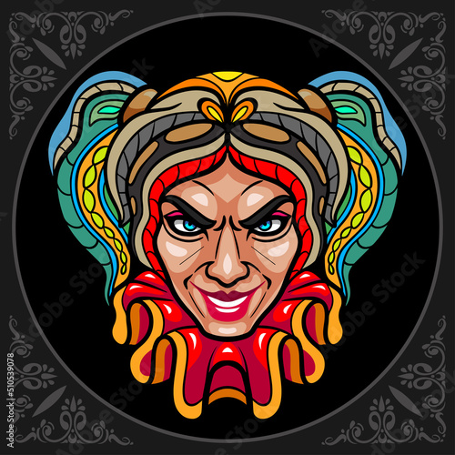 Colorful jester head zentangle arts. isolated on black background