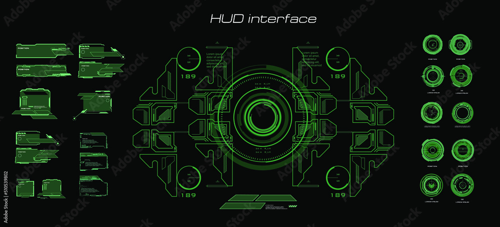 Digital holographic green user interface with dashboards, elements and frames. Futuristic cyber interface with HUD elements