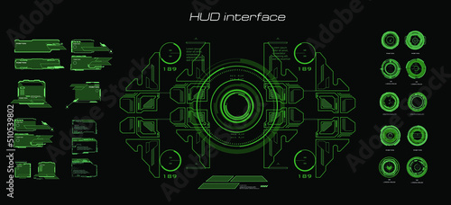 Digital holographic green user interface with dashboards, elements and frames. Futuristic cyber interface with HUD elements