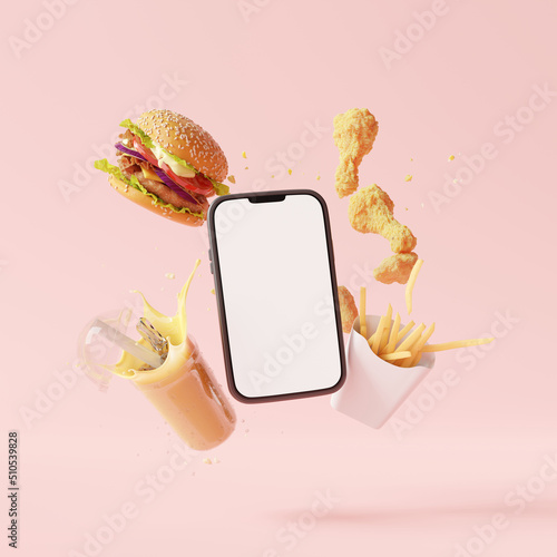 Mockup smartphone blank screen. Online food delivery concept on pink background. 3d rendering
