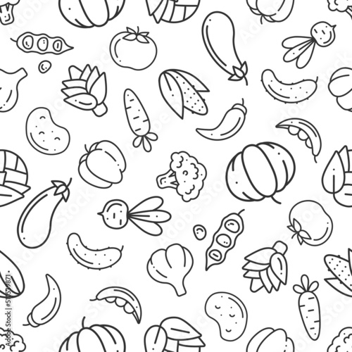 Seamless pattern with simple outline black vegetable icons on white. Vector flat illustration