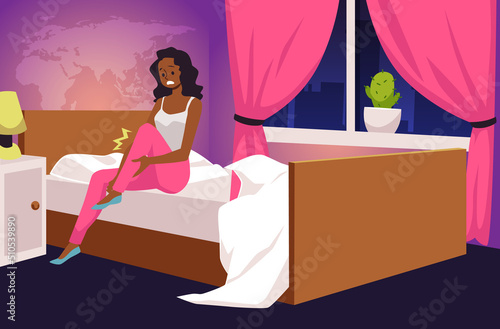 Woman suffering from pain in leg during sleep, flat vector illustration.