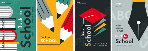 School backgrounds set. Back to School. Stack of books, pencils, graduation cap, fountain pen. Elements and objects on school themes, simple flat background. 