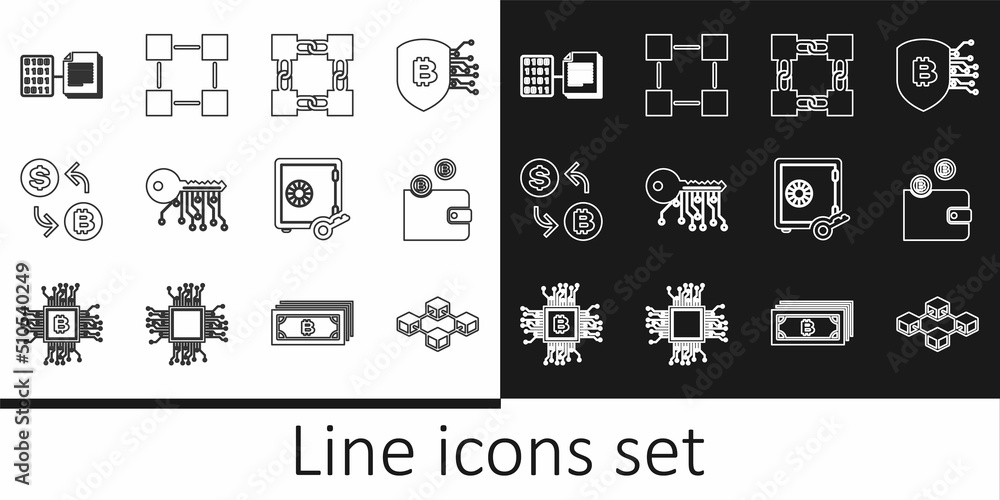 Set line Blockchain technology, Cryptocurrency wallet, key, exchange, Smart contract, Proof of stake and icon. Vector